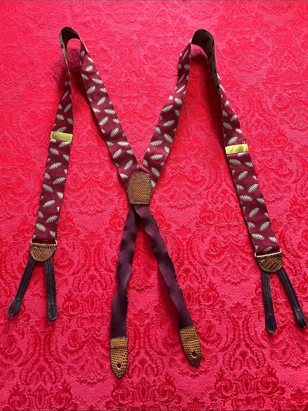 Cole Haan 2647 Burgundy Pattern Suspenders Leather Button Tabs Solid Brass